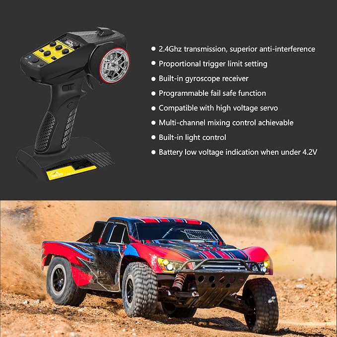 RC Radio System 4CH 2.4G RC Transmitter with Receiver Built-in Gyro and Lanyard Anti-Jamming Remote Controller for RC Car Crawler Boat (Black & Yellow)