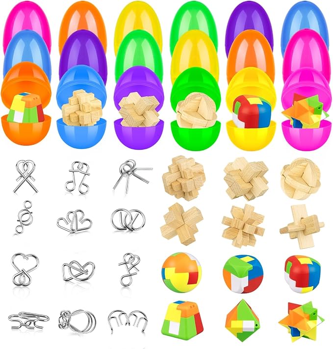 48 Pcs Prefilled Easter Eggs with Mini Brain Teaser Puzzles Metal Buckle Metal Puzzles Plastic 3D Puzzle Game forEgg Hunts Party Favors Easter Basket Stuffers