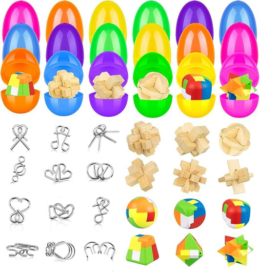 48 Pcs Prefilled Easter Eggs with Mini Brain Teaser Puzzles Metal Buckle Metal Puzzles Plastic 3D Puzzle Game forEgg Hunts Party Favors Easter Basket Stuffers