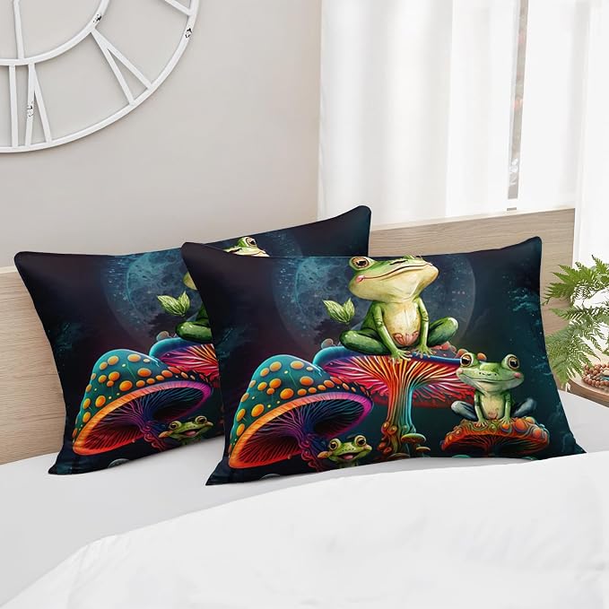 AILONEN Frog Comforter Set Twin Size,Fantasy Magic Mushroom Frog Kids Bedding Set for Boys Girls,Green Wild Animals Duvet Set 3 Pieces, 1 Quilt and 2 Pillowcases, All Season