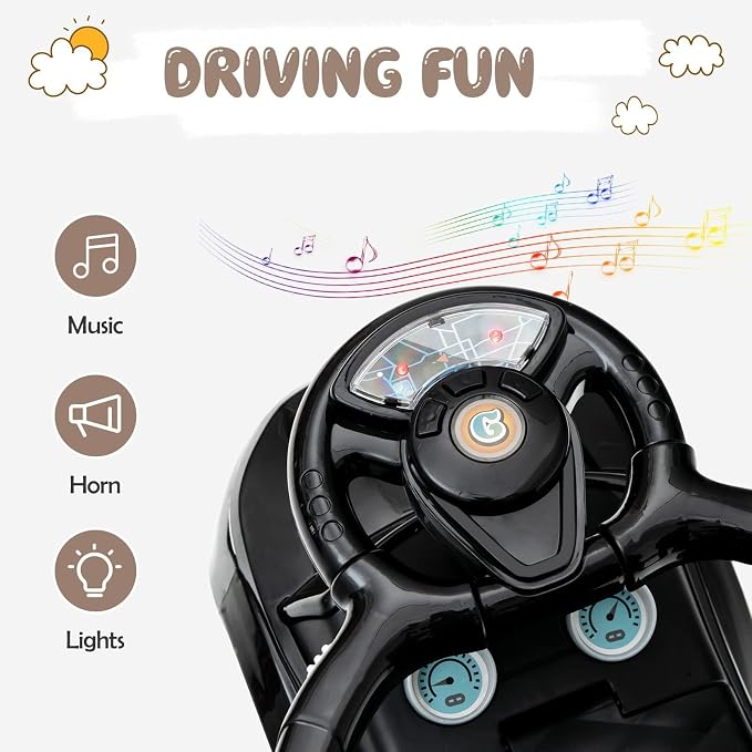 OLAKIDS 4 in 1 Ride on Push Car, Toddlers Stroller Sliding Walking with Horn, Music, Lights, Removable Guardrails and Handle, Underneath Storage, Foot-to-Floor Walker for Boys Girls (Dark)