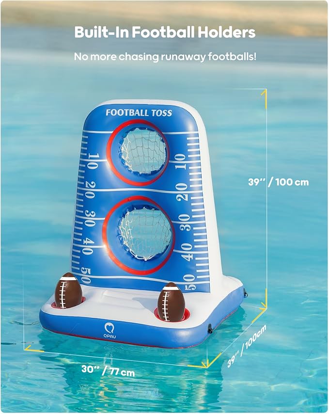 QPAU Inflatable Football Toss Game for Pool – Water Football Target with 4 Balls & 2 Pumps, Dual Net Design, Stable Base, Summer Pool Game for Kids & Adults (Blue+White)