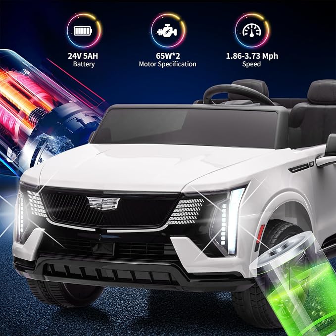 GarveeLife 24V 2 Seater Kids Ride On Car Licensed Cadillac Electric Car Toy for Toddlers Battery Powered Ride On Truck with 2.4G Remote Control, Spring Suspension, Music, LED Lights, White