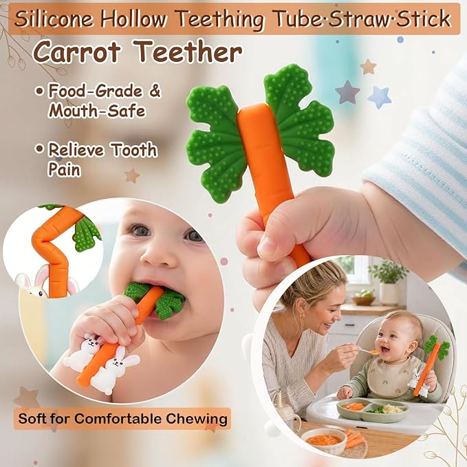 Baby Teething Toys Silicone Carrot Rabbit Hollow Teething Tubes -Sensory Chew Toys Over 3 Months - Teether Straws for Teething Relief -BPA Free Infant Toys Baby Shower Gifts Baby Essentials (1)
