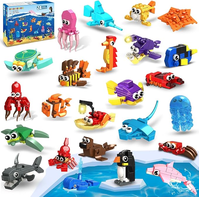 HOGOKIDS 24 Pack Party Favors for Kids Building Set - 629PCS Mini Marine Animals Blocks Toy for Easter Valentines Day Goodie Bag Stuffers Classroom Prizes Gifts fo Kids Boy Girl Student Ages 6-12