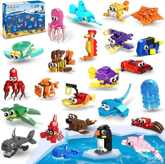 HOGOKIDS 24 Pack Party Favors for Kids Building Set - 629PCS Mini Marine Animals Blocks Toy for Easter Valentines Day Goodie Bag Stuffers Classroom Prizes Gifts fo Kids Boy Girl Student Ages 6-12