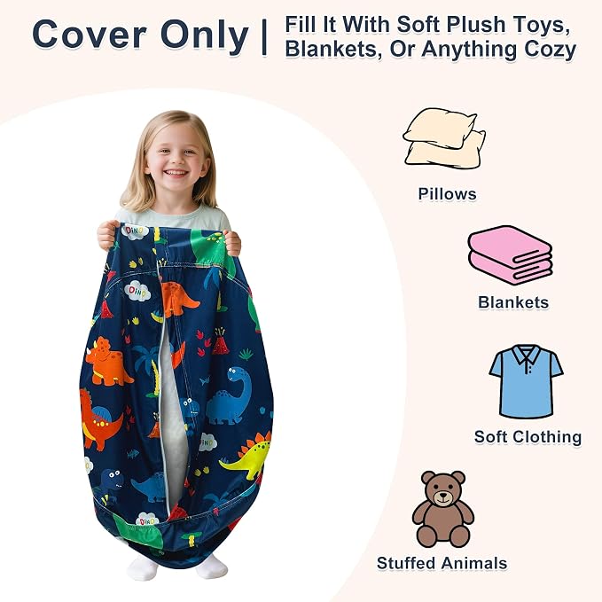 Lukeight Dinosaur Stuffed Animals Storage Bean Bag Chair Cover for Kids Teens, Cozy Velvet Plush Toy Organizer Seat, Cover Only, No Filling Included, Long YKK Zipper, Side Pocket, XX-Large 36 x 20 in