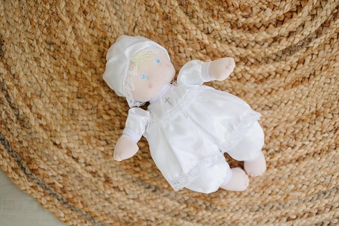 Genius Baby Toys Baptism Gift Baby Doll, Christening Doll in White Satin Dress, 12", Soft Plush, Gift-Ready Packaging, Catholic Baby Toy, Nontoxic, Baby Girls & Boys