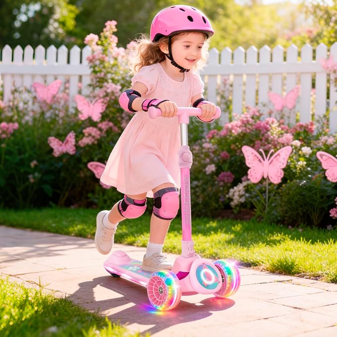 Nattork Kids Scooter for Girls with Light Up Wheels, Deck and Headlight, Wide Anti-Slip Deck and T-bar Handle with Rear Foot Brake, Adjustable Height 3 Wheel Scooter for Kids Ages 3+ and up to 220Lbs