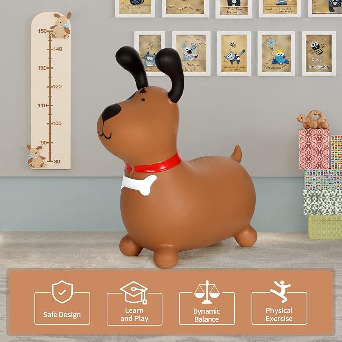 INPANY Bouncy Brown Dog Horse Hopper for Toddlers - Bouncing Horse Hopper, Ride on Animal Toys for Girls Boys, Inflatable Riding Gifts- (Include Pump)