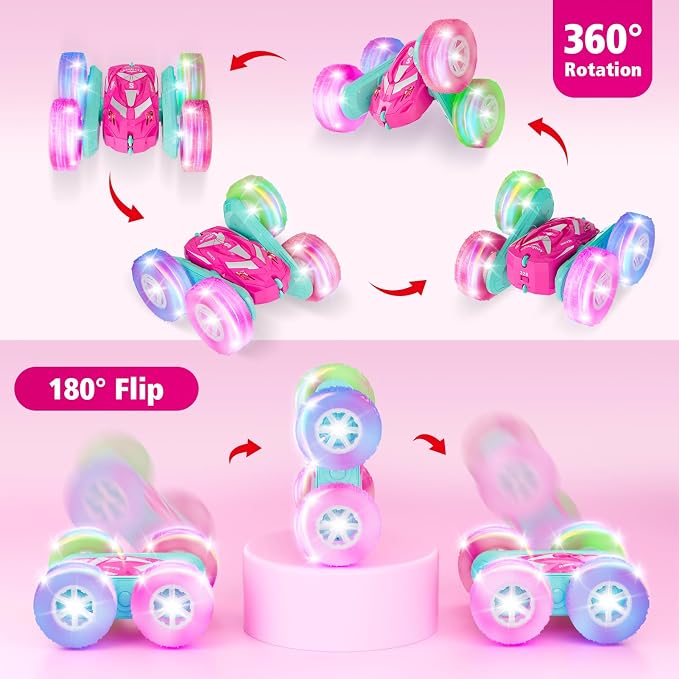 Amicool Remote Control Car for Girls 6-12 with Flashing Light, Toys 6 7 8 9 Years Old Girl Birthday Gifts Idea, RC Cars Stunt 4WD 2.4Ghz Double Sided 360° Flip, Present for Kids, Christmas, Pink