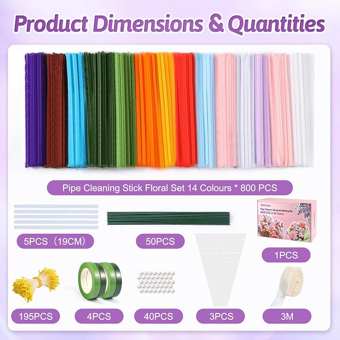 OneAmg 800PCS Pipe Cleaners Craft Kit with 14 Colors，DIY Flowers Making Set | Chenille Stems for DIY Flower Making Kit with Instructions,Floral Wires,Stamen& Ribbon,Art and Craft Supplies
