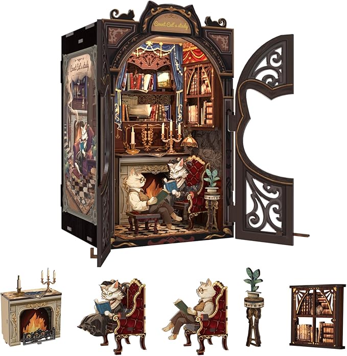 Fsolis Book Nook Kit Cat, DIY Scene Miniature House Kit (Count Cat's Study) | 3D Wooden Puzzles for Adults Booknook for Beginners Bookshelf Nook Decor Mini Building Kit Gift for Women Book Lovers
