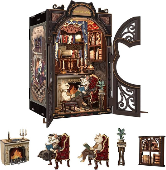 Fsolis Book Nook Kit Cat, DIY Scene Miniature House Kit (Count Cat's Study) | 3D Wooden Puzzles for Adults Booknook for Beginners Bookshelf Nook Decor Mini Building Kit Gift for Women Book Lovers
