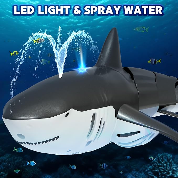 2.4Ghz RC Pool Toys Remote Control Shark for Boys Kids, Highly Realistic Shark Pool Toys for Kids, RC Boat Outdoor Water Toy with Light and Spray Water for Boys Girls Ages 6+ (with 2 Batteries)