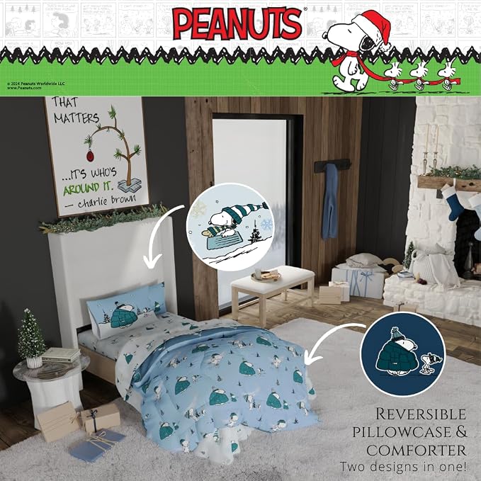 Collectibles Peanuts Snoopy Puffer Coat Holiday & Christmas Bedding Soft Comforter and Sheet Set with Sham, 5 Piece Twin Size, (Officially Licensed Product) By Franco