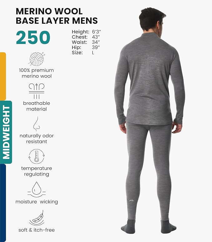Merino.tech Merino Wool Base Layer Mens Set - Heavyweight, Midweight, Lite Merino Wool Thermal Underwear For Men Top, Bottom