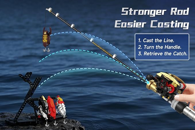 Fishing Rod Building Blocks Toy, Compatible with LEGO Fish Rod, STEM Mechanical Fishing Pole Construction Set with Reel and Fish Bait Accessories, Creative Educational Toy Gift for Adult