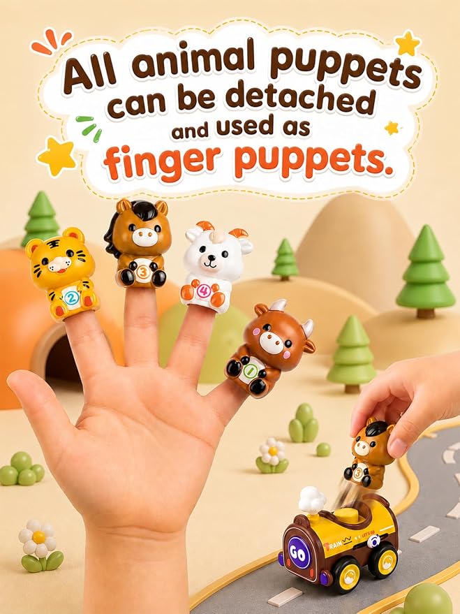 Magnetic Connect & Press to Go Car Toys, 4 Pack Animal Racing Cars with Detachable Finger Puppets, Fine Motor Push Down Vehicle Set for Toddlers 1-3, Birthday Gift for 12-18 Months Baby