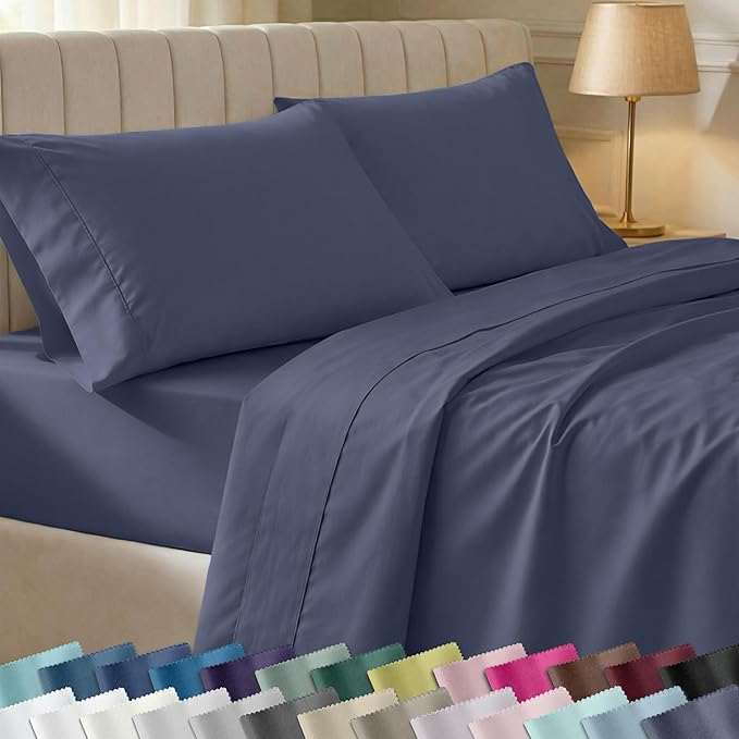 California Design Den Soft 100% Cotton Twin XL Bed Sheets Set, 400 Thread Count Good Housekeeping Award Winner, Smooth Sateen Finish, Cozy and Durable Twin XL Bedding Set - Indigo Dusty Blue