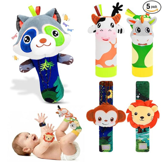 Baby Rattle Toys Set - Wrist Rattles for Babies 0-6 Months Baby Foot Rattles Socks 0-12 Months Baby Rattles & Plush Rings, Soft Sensory Toys for Newborn Essentials Baby Shower Gift