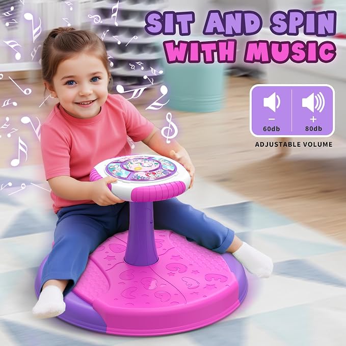 HYES Unicorn Sit and Spin Toys for Toddlers 1-3 Girls, 360° Toddler Spinning Seat with LED Lights and Music, Sensory Toys Birthday for Kids 3-5