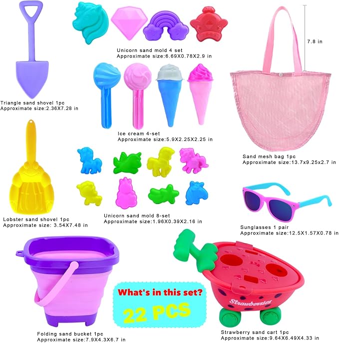 Collapsible Beach Toys Set for Kids 3-5|22 PCS Ice Cream Sand Toys with Collapsible Beach Bucket|Unicorn Sand Mold|Strawberry Ice Cream Cart|Mesh Bag|Sand Sandbox|Trave Beach Toys for Toddlers Girls