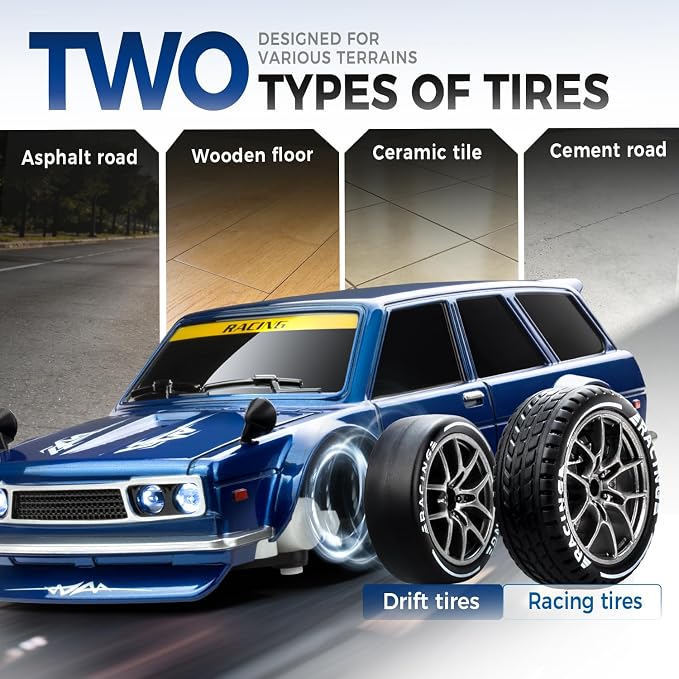 RC Drift Car, 1/24 Remote Control Drift Car for Adults Kids, 20KM/H 4WD Low/High Speed RC Cars with LED Lights, Extra Drifting Tires, Vehicle for Boys Girls Beginners Indoors Outdoors Blue