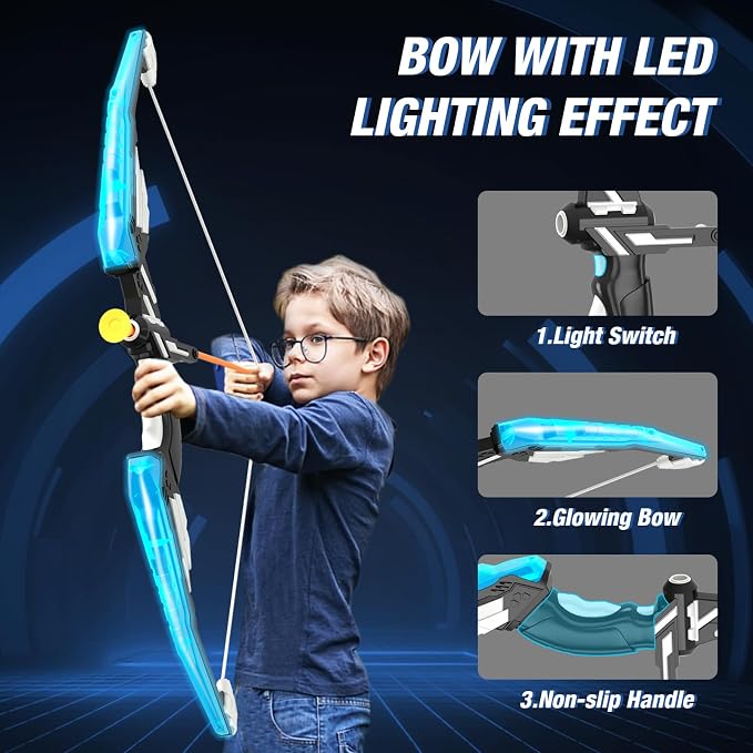 HYES 2 Pack Bow and Arrow with Moving Target for Kids, LED Light Up Archery Set with 24 Suction Cup Arrows, 6 Score Targets & 2 Quiver, Indoor Outdoor Sport Gifts for Boys Girls Ages 4-12