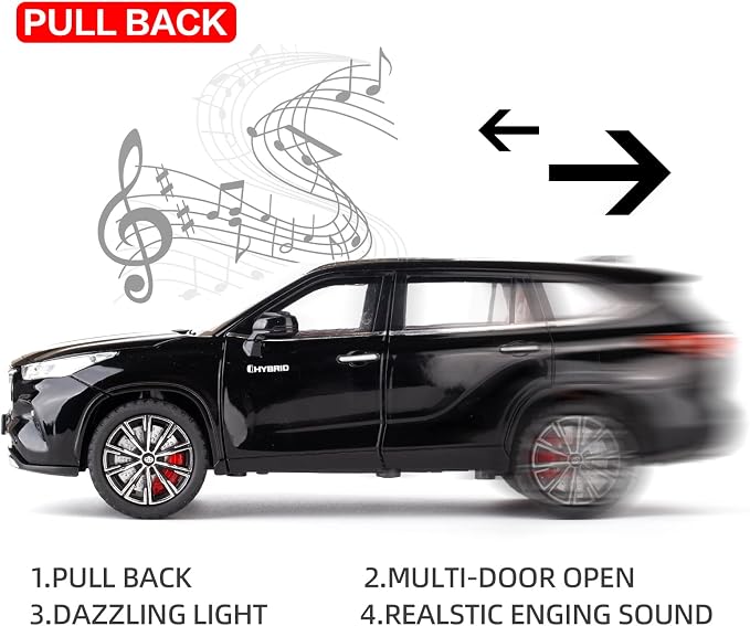 BDTCTK 1/24 Highlander Model Car, Zinc Alloy Pull Back Toy car with Sound and Light for Kids Boy Girl Gift(Black)