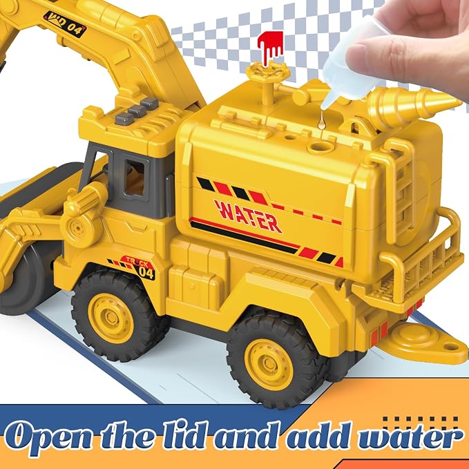 3-in-1 Construction Truck Toy, Excavator & Road Roller Combo with Water Spray Function, Inertia-Powered Push-and-Go, Working Digger Arm & Rolling Drum, Outdoor Sandbox Vehicle for Boys Girls Age 3+