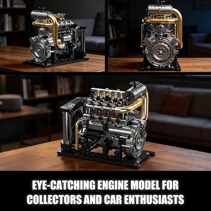 Diesel Engine Model Kit that Runs for Adults, MOC Mini Inline 4-Cylinder Diesel Engine Building Set with Motor, Compatible with Lego, Mechanical Engineering STEM Toy for Teens (1029 PCS)