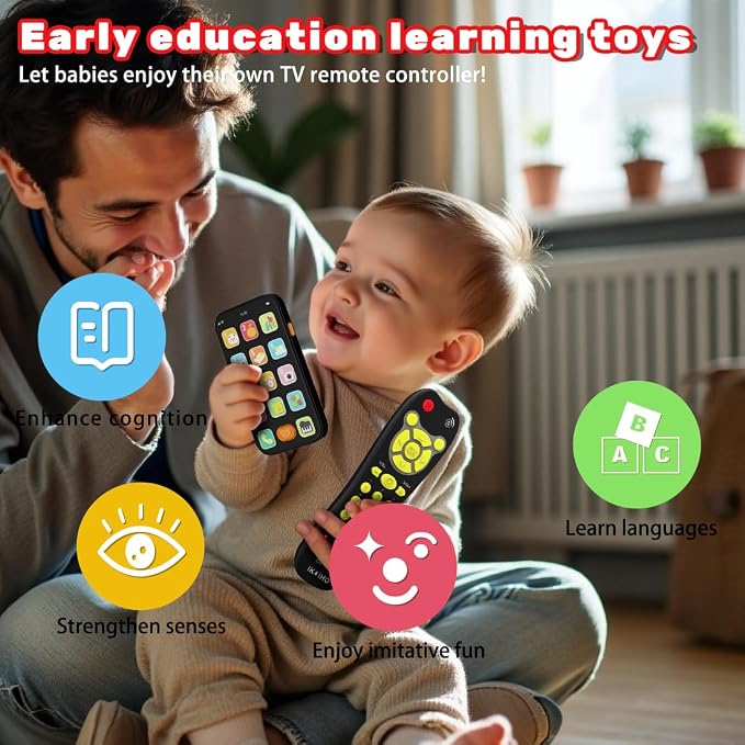 Baby Phone TV Remote Toy Set, Bilingual Play Phones Toy Remote for Baby with Music Light for 6+ Months, Early Learning Baby Toys Gift for 1 Year Old Boys Girls Toddler Infant, English/Spanish, Black