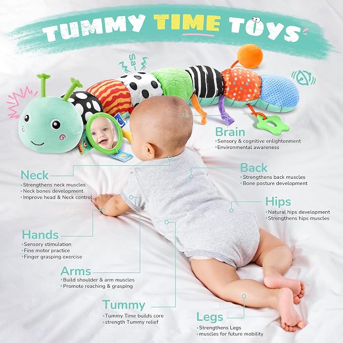 AWOTOY Baby Toys Sensory Music Caterpillar Stuffed Animals Infant Toys,Blue | Teething Toys 0-3-6-12 Months Tummy Time with Mirror Crinkle Rattle&Pull String for Newborn Boys Girls Shower Gifts Birthday