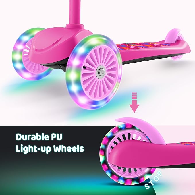 TONBUX Kids Scooter for Ages 3-5, Toddler Scooter with Light-Up Deck and Wheels, Adjustable 4-Level Height 3-Wheel Scooters for Kids, Lean-to-Steer Design