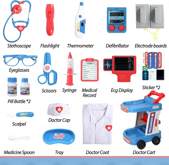 Liberry Doctor Kit for Toddlers Ages 3 4 5, Pretend Kids Doctor Playset with Cart, Costume and Stethoscope, Role Play Medical Toys Birthday Gift for Girls Boys (Blue)
