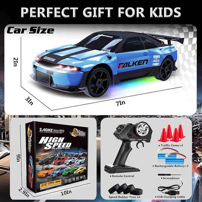 RC Drift Car 1:24 Remote Control Car 4WD 15KM/H High Speed Racing Sport Car with LED Lights RC Cars Toy for Kids Boys Girls Adults Gifts Birthday Christmas Rechargeable Batteries