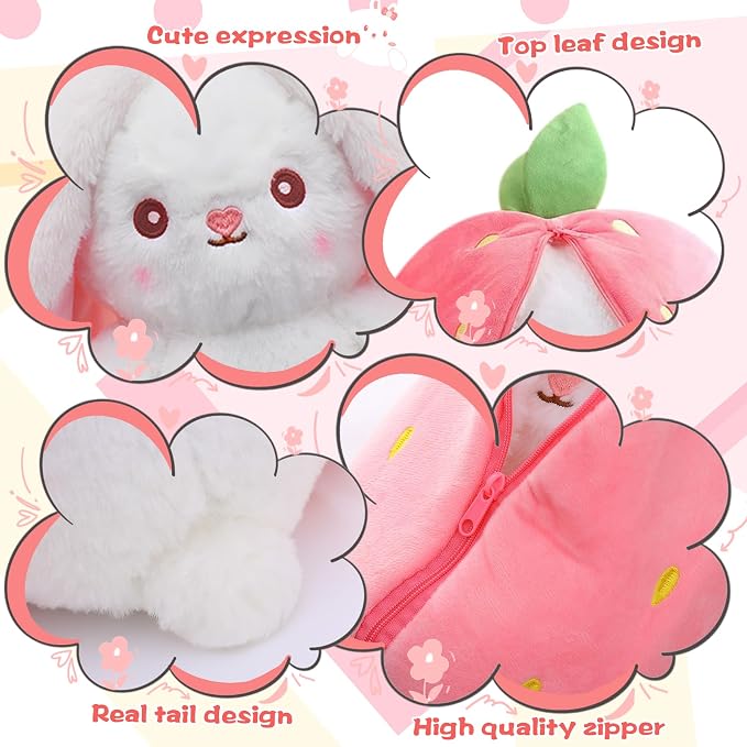 MIAODAM Cuddly Bunny Stuffed Animal, Kawaii Squishy Cute Easter Bunny Plush Turn Into Rabbit Fruit Doll Carrot Strawberry Bunny, Plushies Funny Bunny Toy for Kids