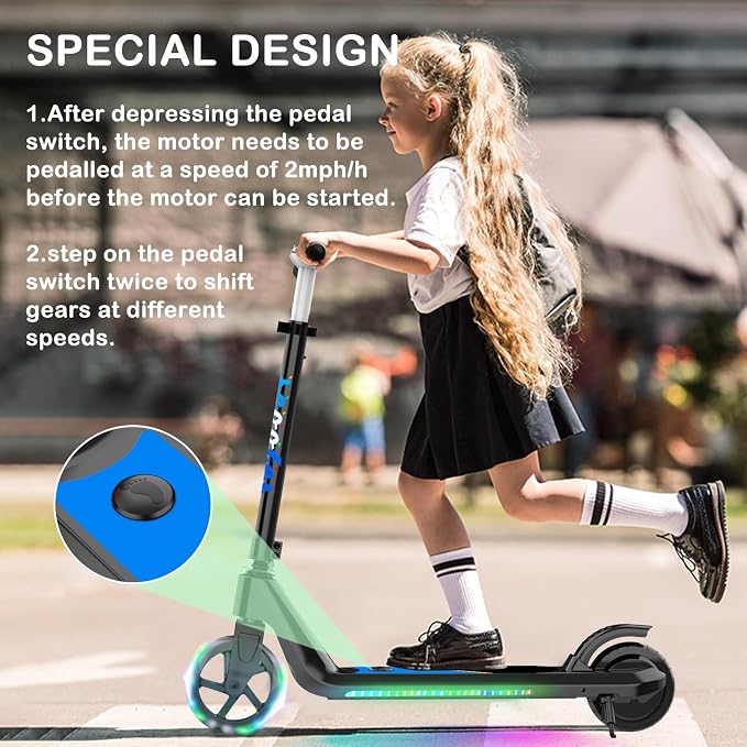 LINGTENG Electric Scooter for Kids Age 6-10, Kick-Start Boost Scooter with Adjustable Speed and Height, Flash Wheel & Deck Lights