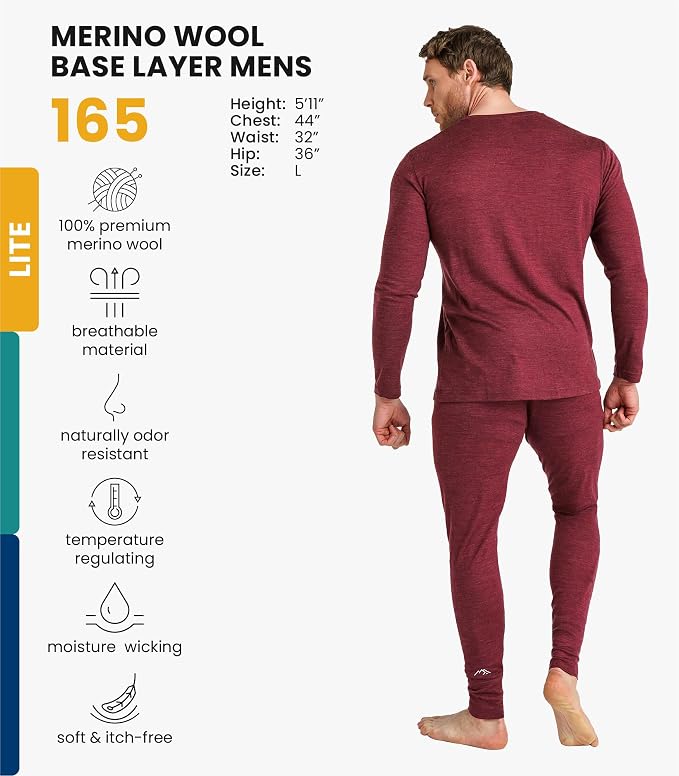 Merino.tech Merino Wool Base Layer Mens Set - Heavyweight, Midweight, Lite Merino Wool Thermal Underwear For Men Top, Bottom