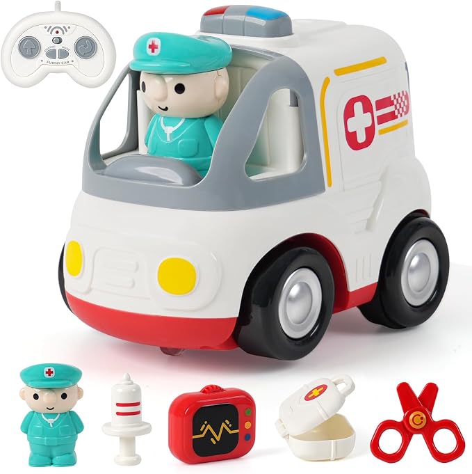 Remote Control Car for Kids - Cartoon RC Ambulance Toy for Toddlers 18+ Months, Ages 2 3 4 5 Years Old, Birthday Gifts for Boys with Lights & Sounds & Music