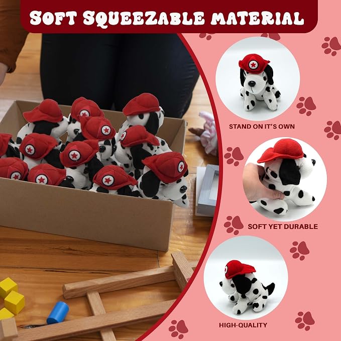 4E's Novelty 12 Pack Dalmatians Stuffed Animals - Soft Stuffed Dog Plush, 6” Small Puppy Plush with Fire Hat, Dog Toy for Kids, Birthday Party Favors