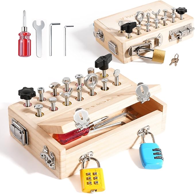 INIFEIDALA Montessori Busy Board for Toddlers 3-5,Wooden Sensory Toy with Locks,Latches & Screwdriver Set, Fine Motor Skills Learning Toy for Travel,Quiet Play & Preschool Activities