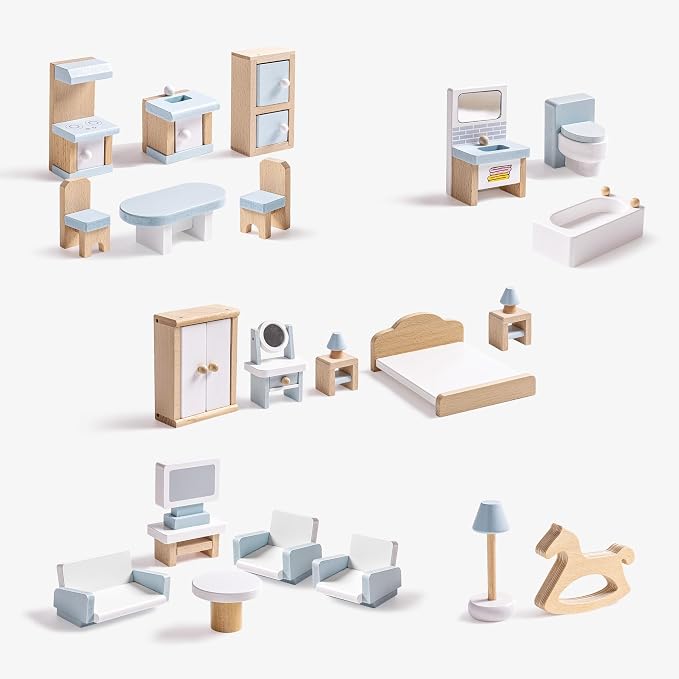 ROBOTIME Dollhouse Furniture, Wooden Doll House Furniture Set, 23 PCS Doll House Accessories and Furniture, Dollhouse Furniture Gift for Boys and Girls