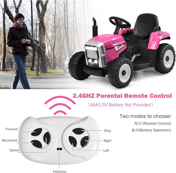 HONEY JOY Ride On Tractor with Trailer, Toddler 3-Gear-Shift Ground Loader, LED Lights, Horn, Music, 12V Battery Powered Electric Toy Tractor with Remote Control (Pink)