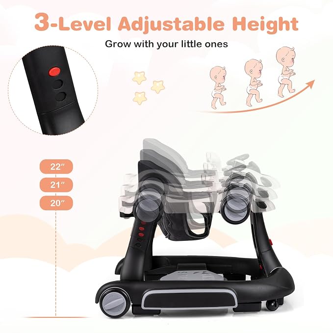 BABY JOY 7-in-1 Baby Walker, Foldable Baby Walker and Bouncer Combo with Handle, Adjustable Height & Speed, Music, Lights, Rocker/Push Mode, Baby Walker with Wheels for Boys Girls 7-18 Months (White)