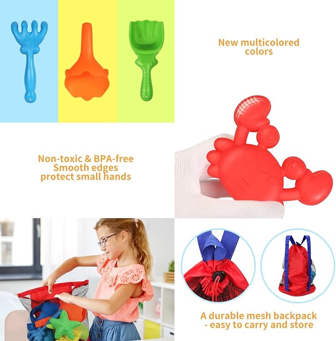 Elovien Beach Sand Toys Set, 24PCS Sandbox Toys with Mesh Backpack Bag Included 2 Foldable Buckets Pails, Sand Molds, Shovels, Rakes and Watering Can, Summer Outdoor Toys for Kids Toddlers Boys Girls
