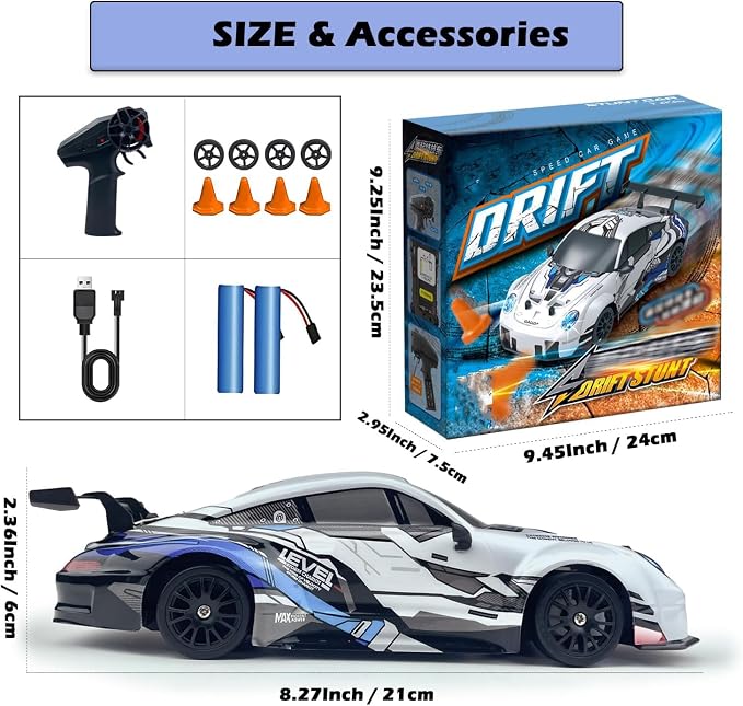 HTURCCOP RC Drift Car 2.4GHz 1:24 Scale 4WD High Speed Remote Control Cars Vehicle with LED Lights Two Batteries and Drifting Tires Racing Sport Toy Cars for Adults Boys Girls Kids