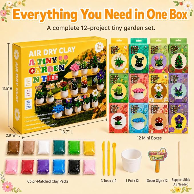 Air Dry Clay Kit for Kids, 12 Plants Modeling Magic Clay Sculpting Tools | Ultra-Light & Soft, Safe and Non-Sticky, DIY Flower Arts Craft Set, Home Party Favors Birthday Back to School Gift for Age 3+