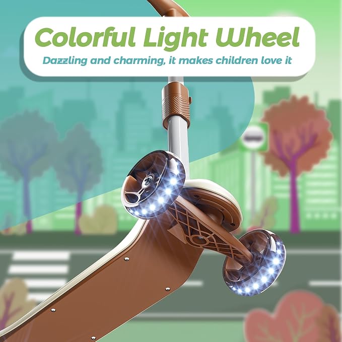 3 Wheel Scooter for Kids Ages, Kids Kick Scooter with LED Light-Up Wheels & Adjustable Handlebar, Toddler Scooter with Rear Brake (Brown)